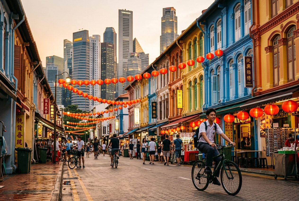 A busy and colorful Singapore hawker centre food court.
