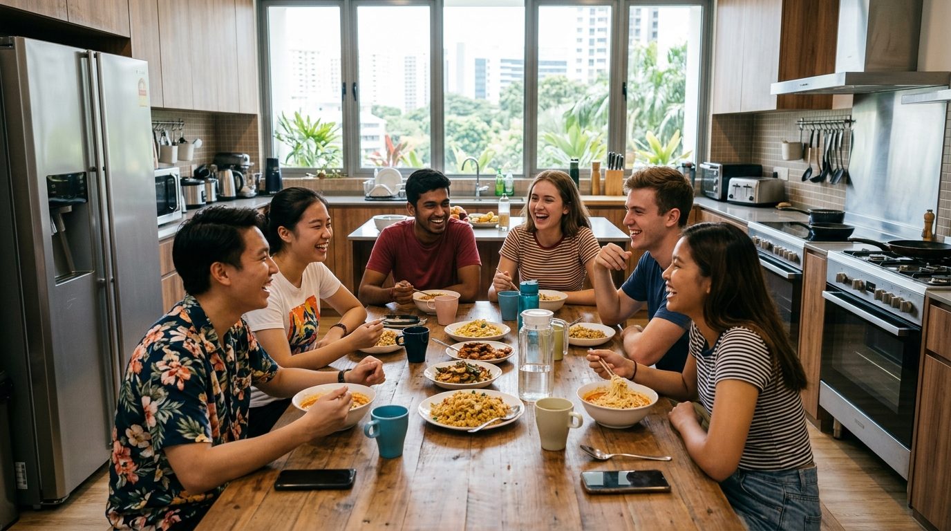 Students socializing in a modern communal kitchen