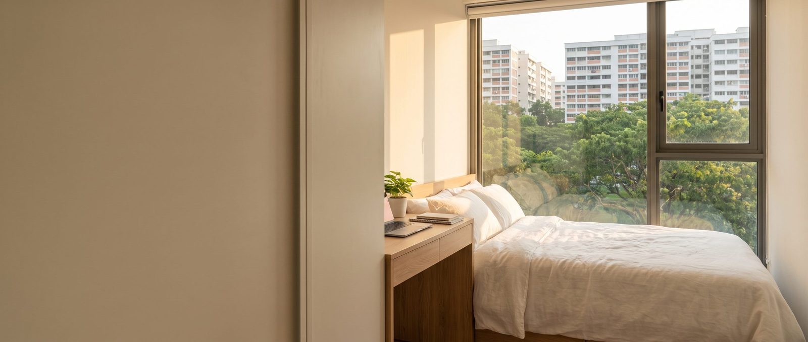 Clean and fully furnished student bedroom with natural light