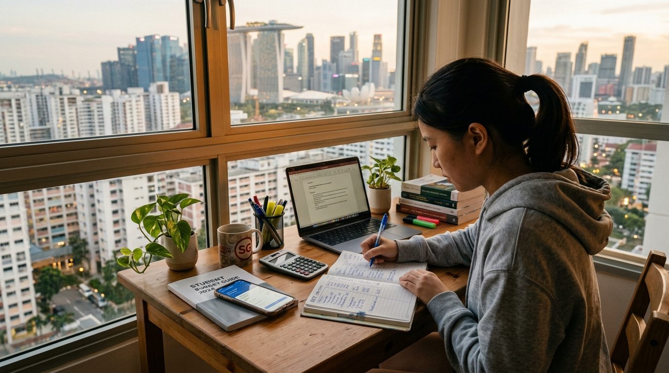 Student desk with budget planner and Singapore city view
