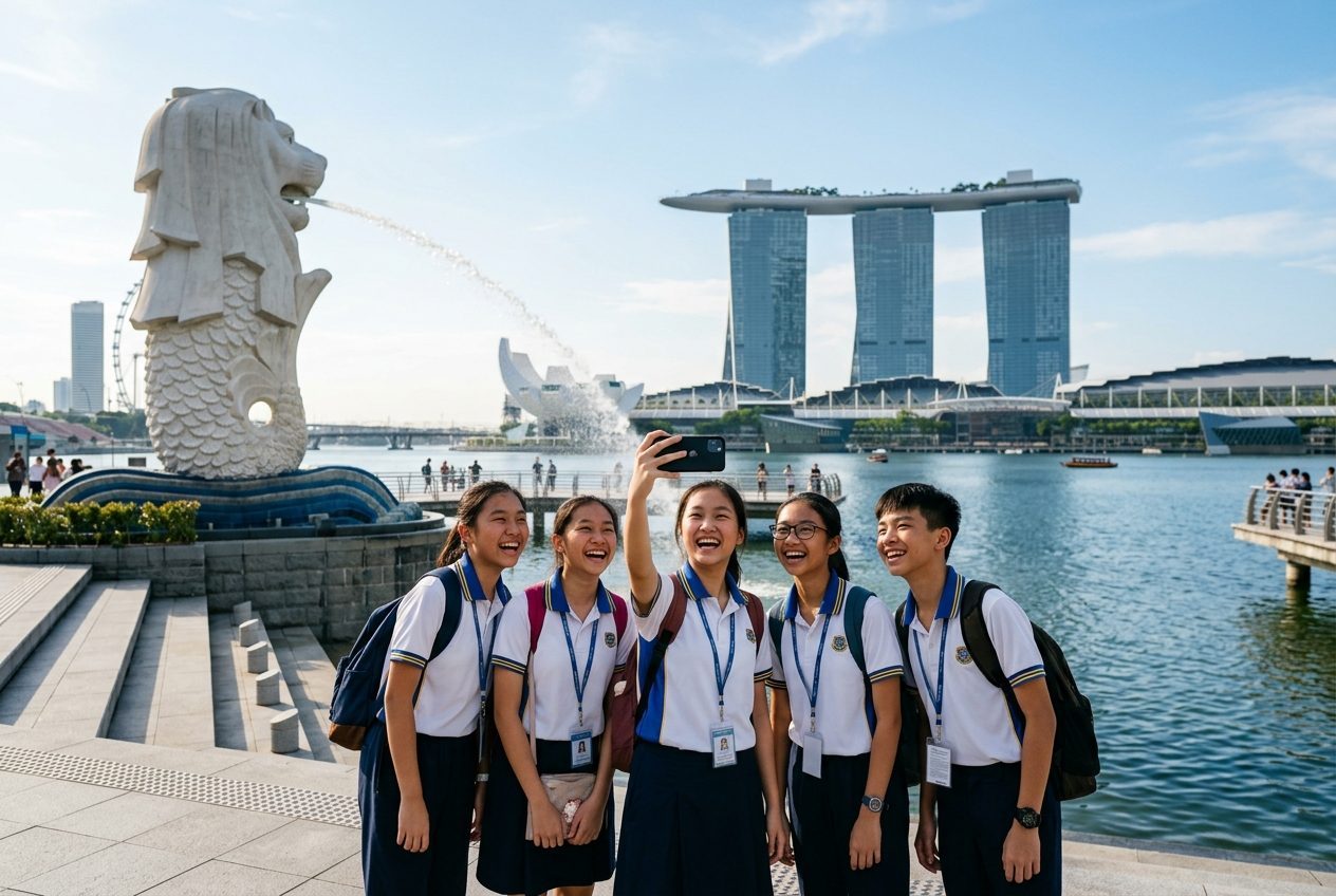 Student relaxing at East Coast Park during sunset