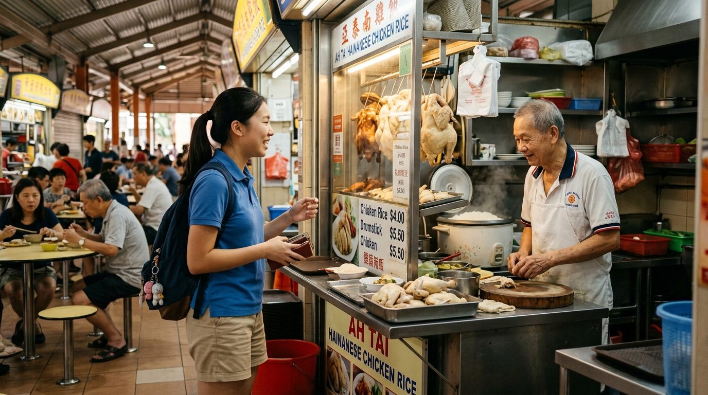 Student ordering chicken rice at a local hawker stall