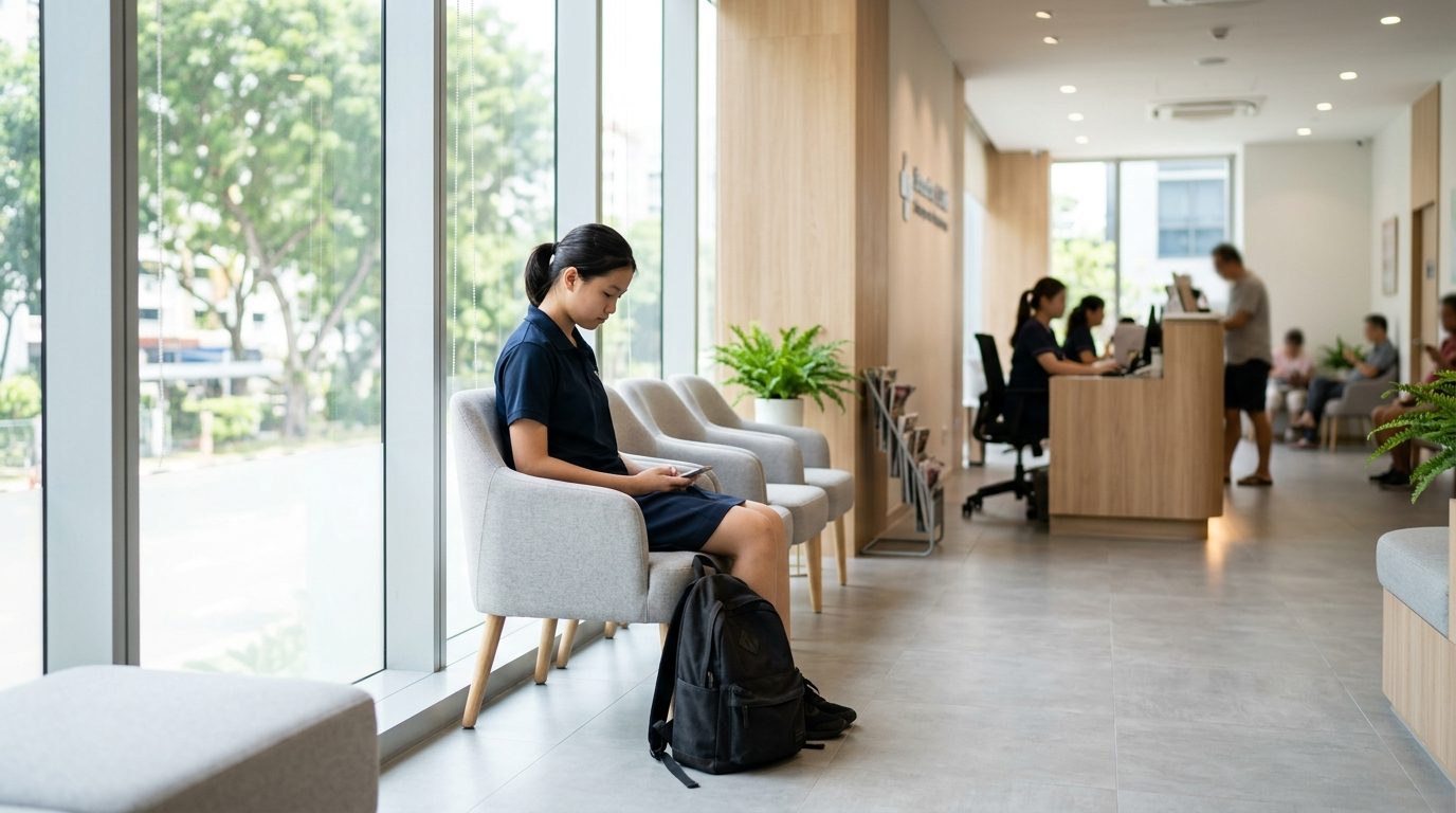 Clean modern GP clinic waiting area in Singapore