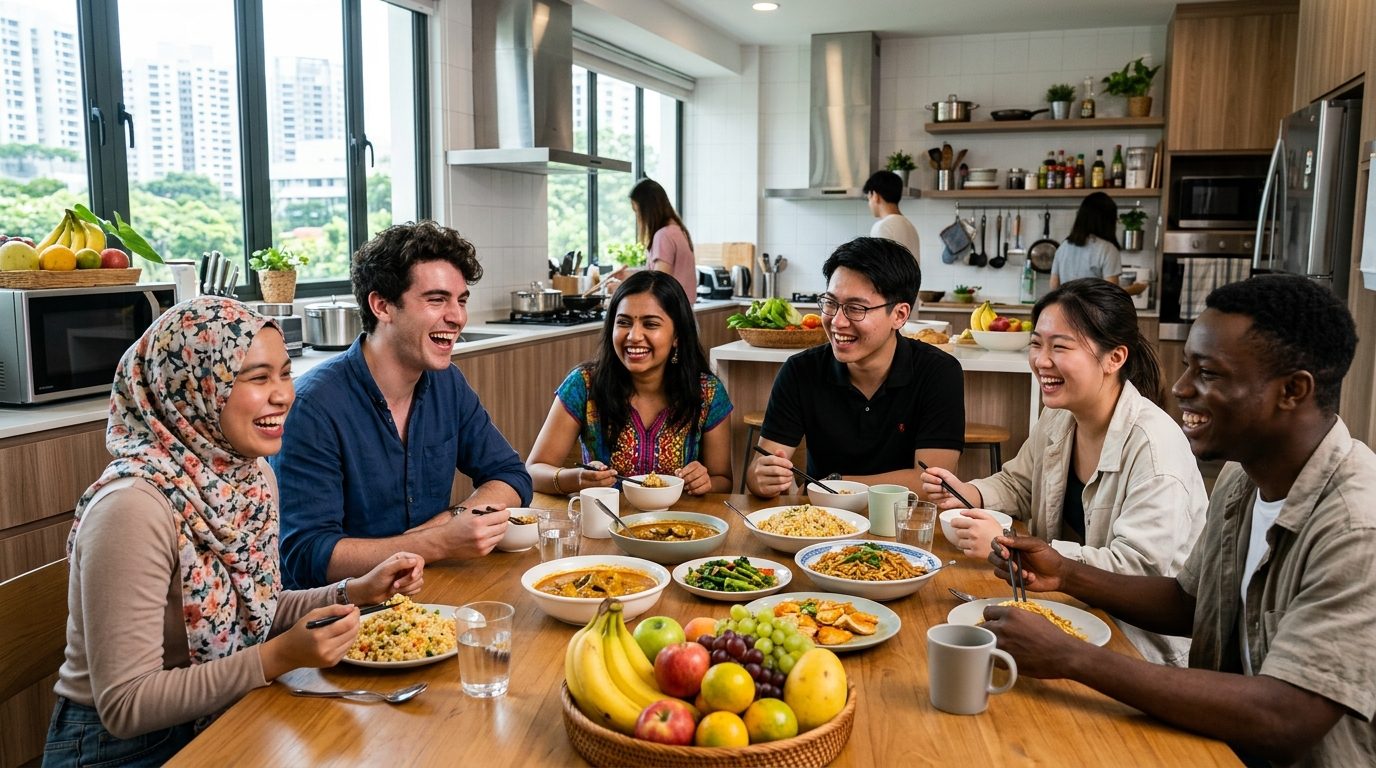International students sharing a meal in a communal kitchen