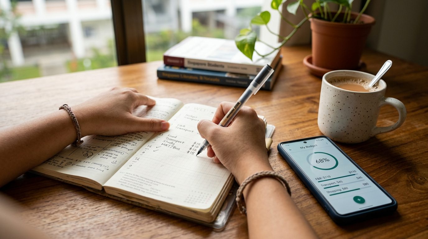 Close-up of a student tracking expenses in a planner with a smartphone nearby.