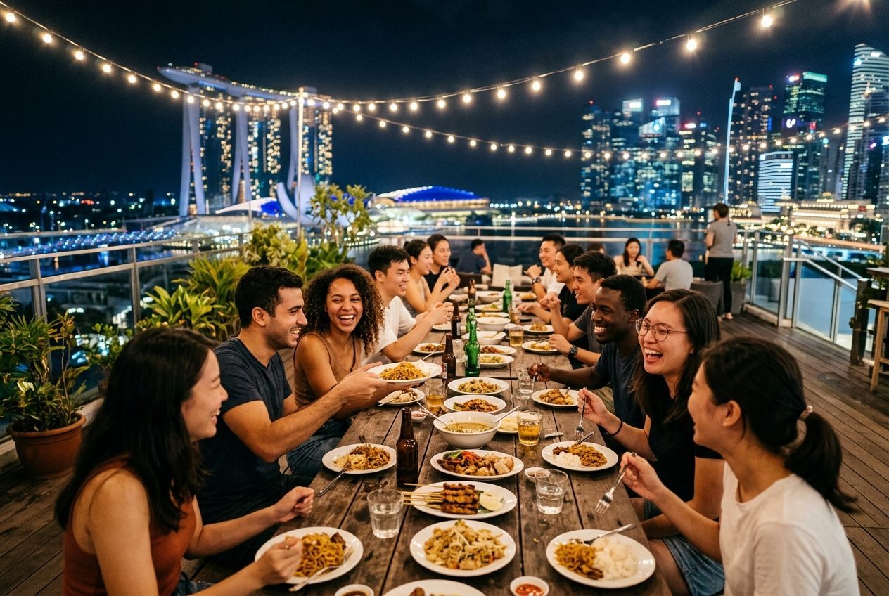 Group of international students enjoying a walk in a Singapore park