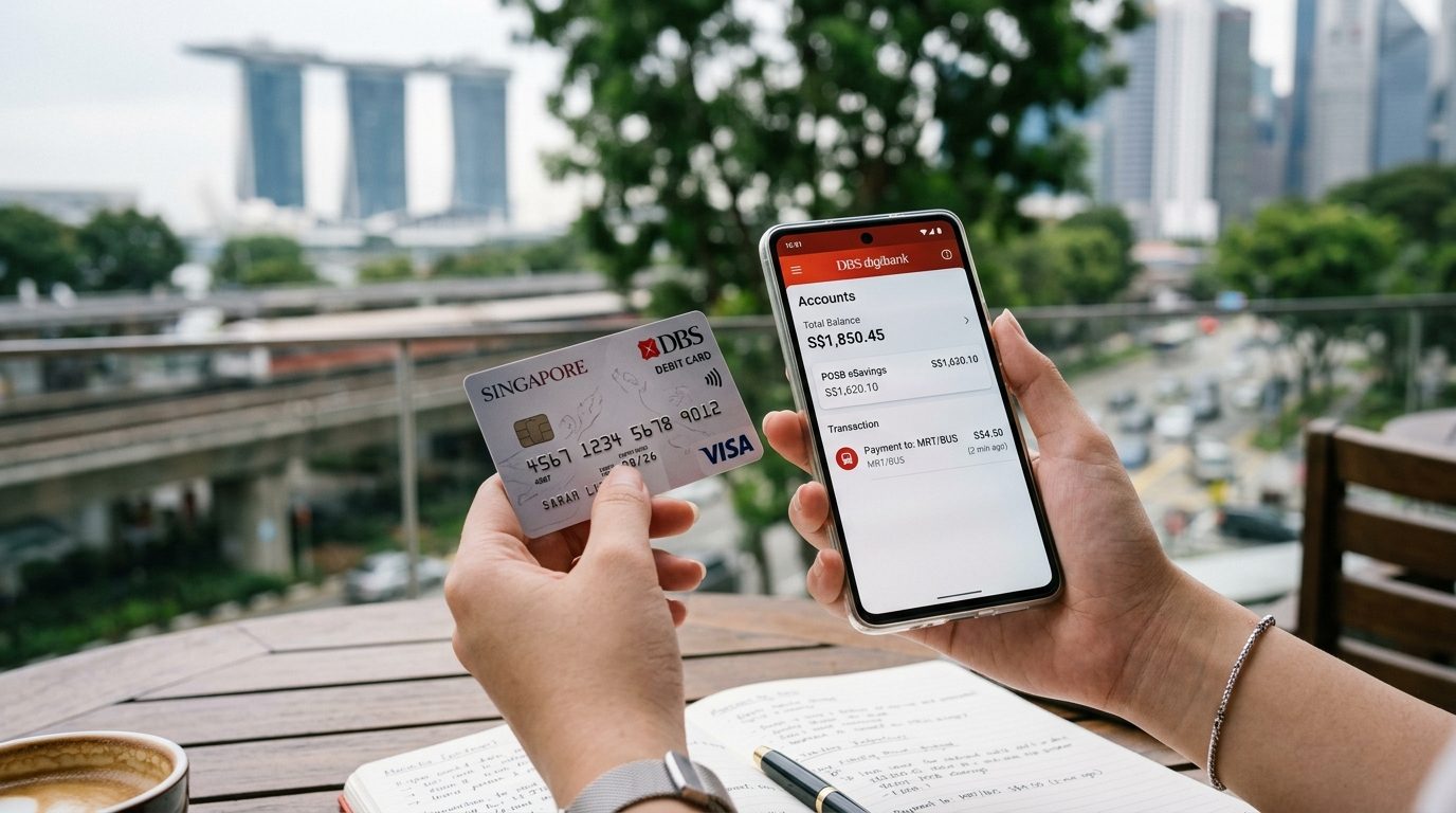 Student holding a debit card and smartphone with banking app in Singapore