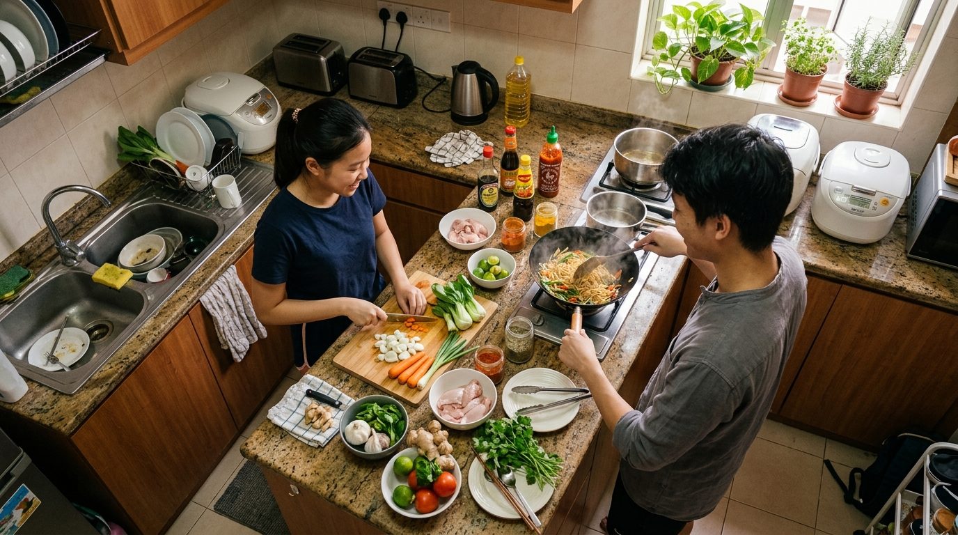 Students cooking together in a shared kitchen in Singapore
