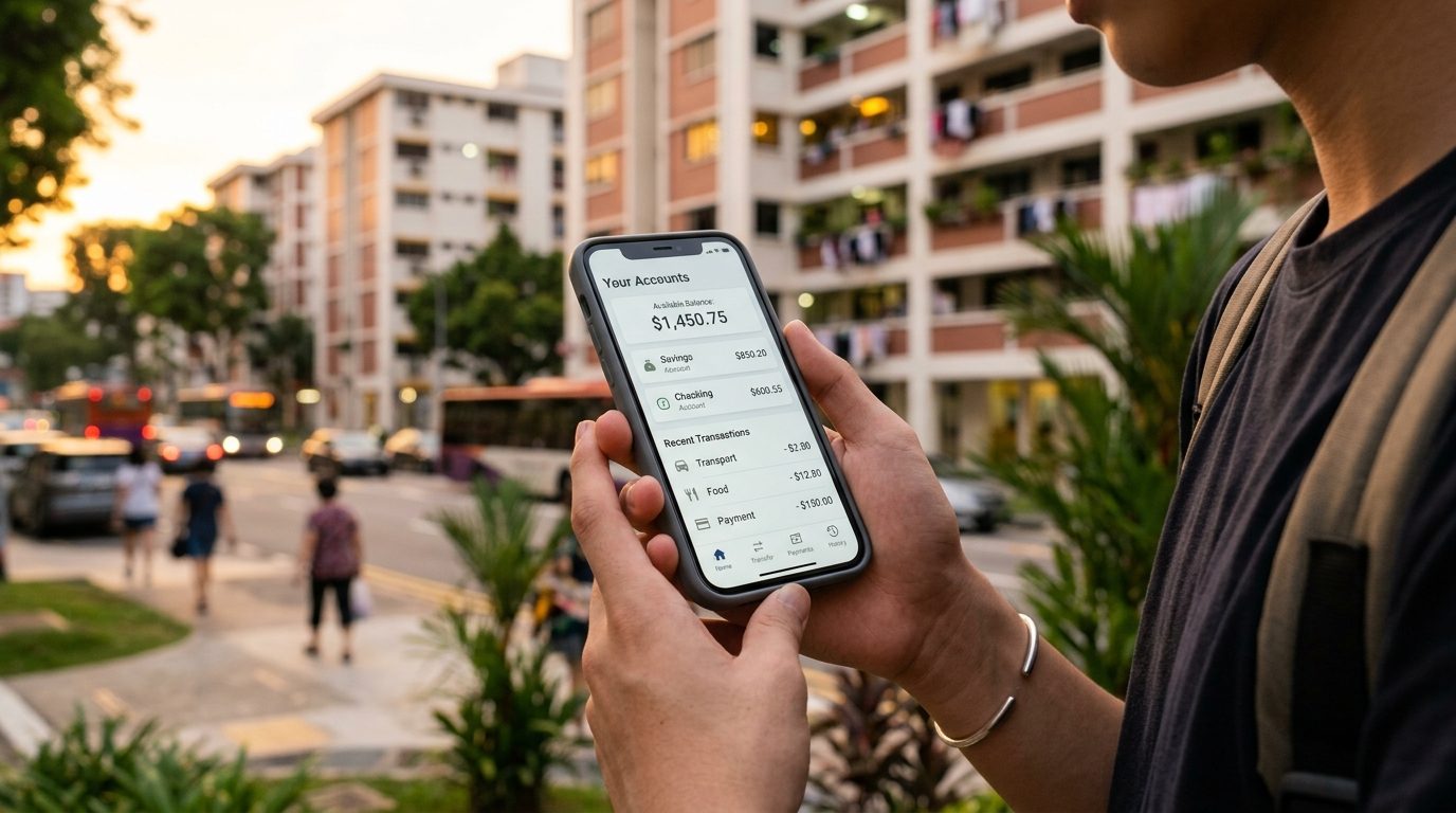 Student using a smartphone banking app in Singapore