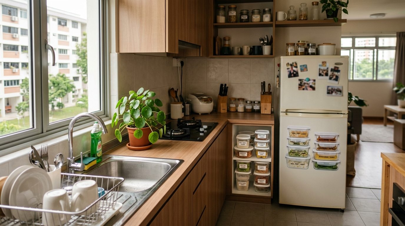 Tidy shared kitchen with labeled food containers in a student accommodation