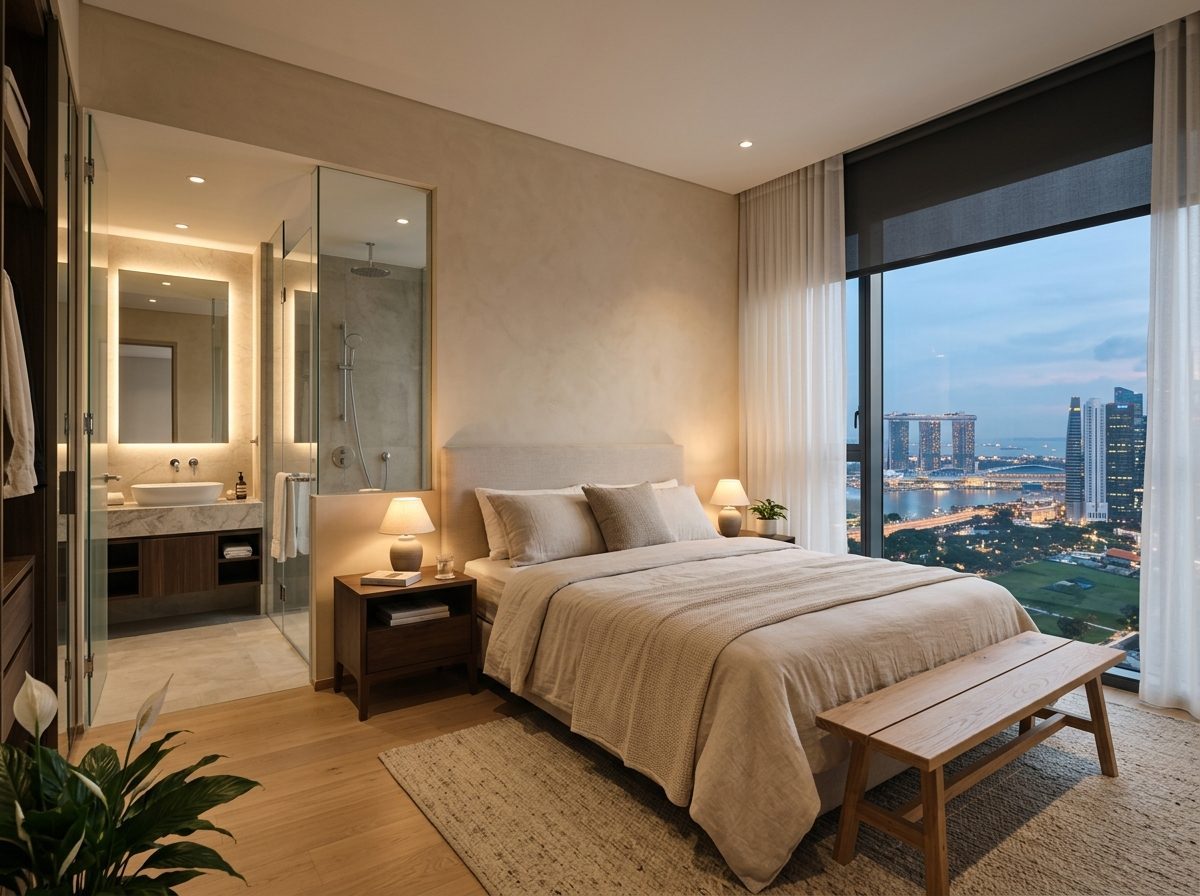 Student reviewing housing contract in a bright bedroom with city view