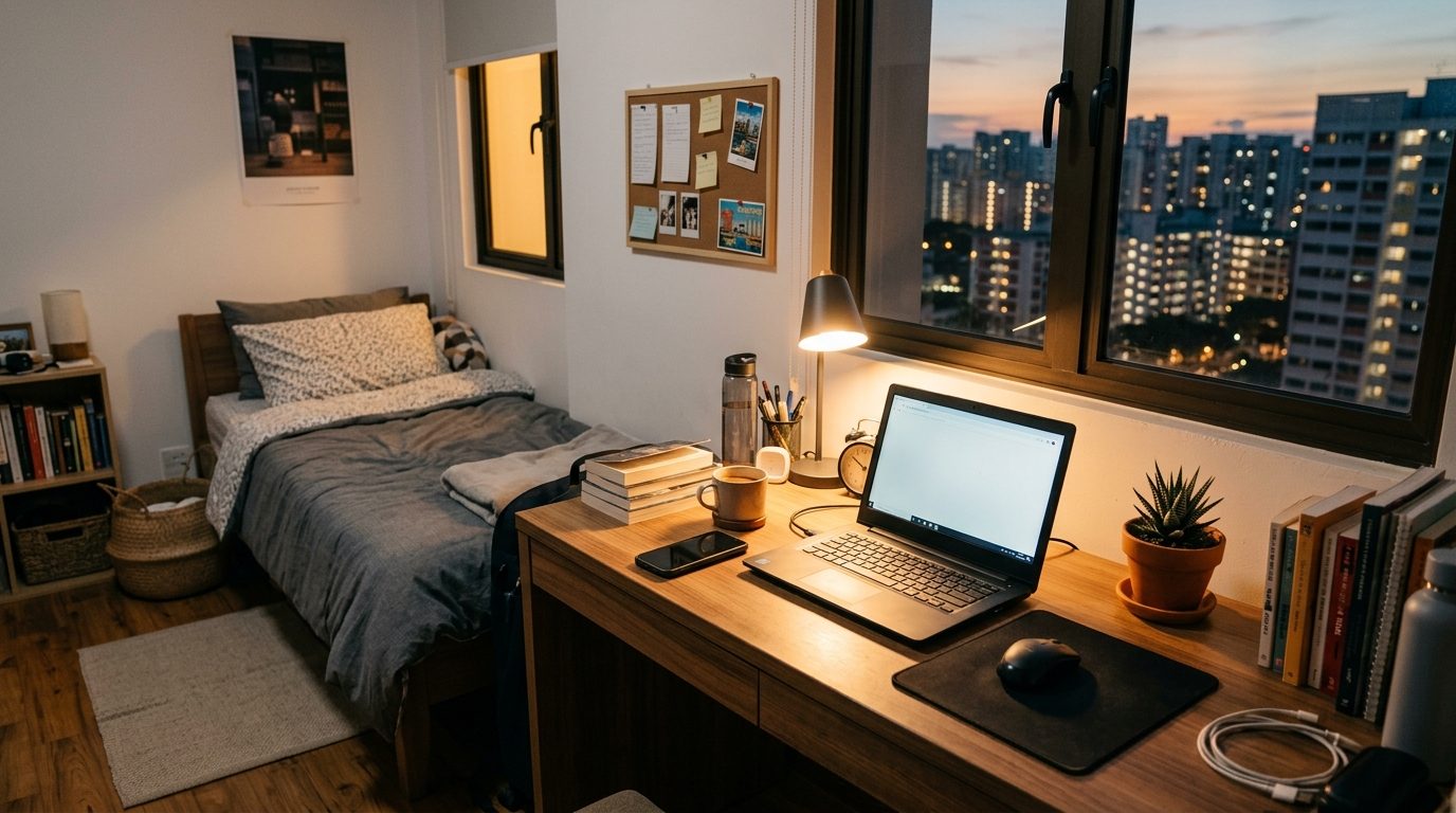 Cozy student room in Singapore with laptop and phone on desk