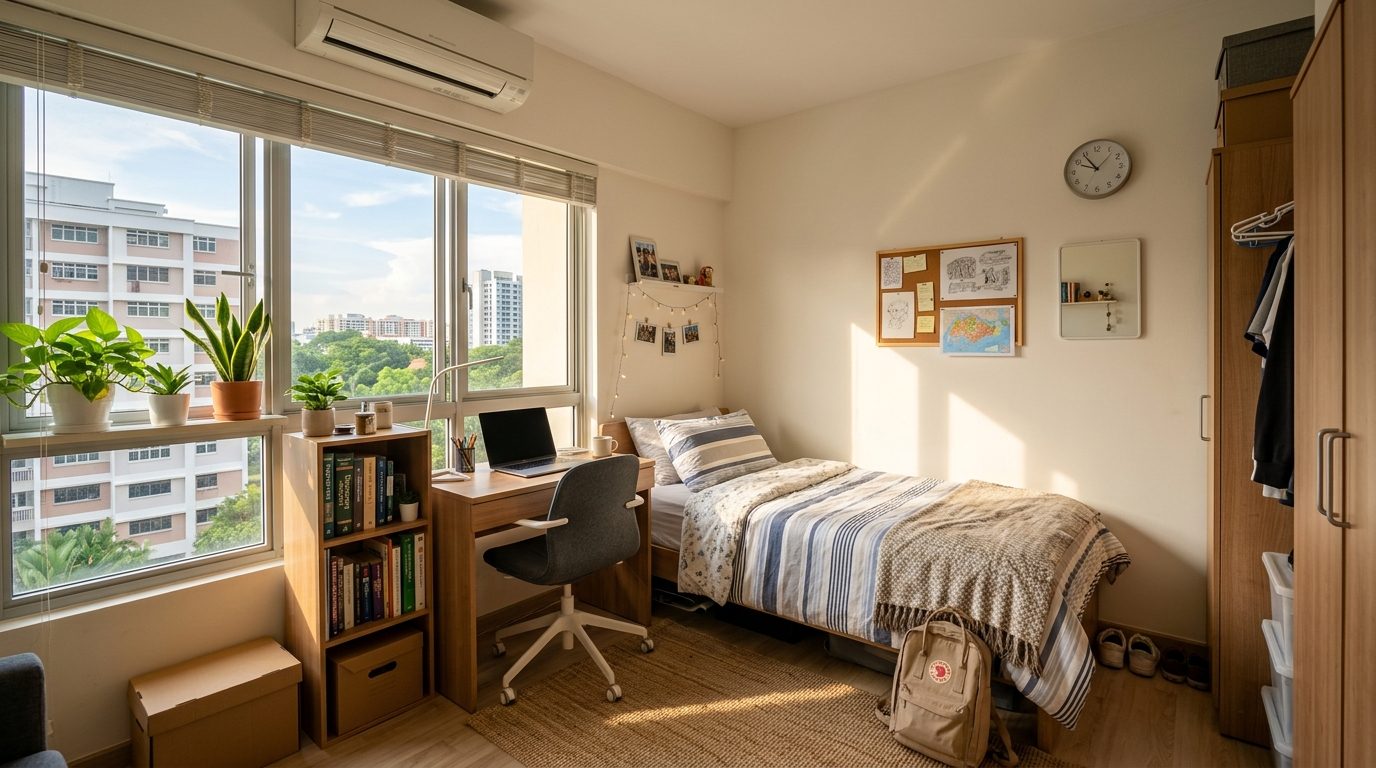 Sunlit furnished student room in Singapore