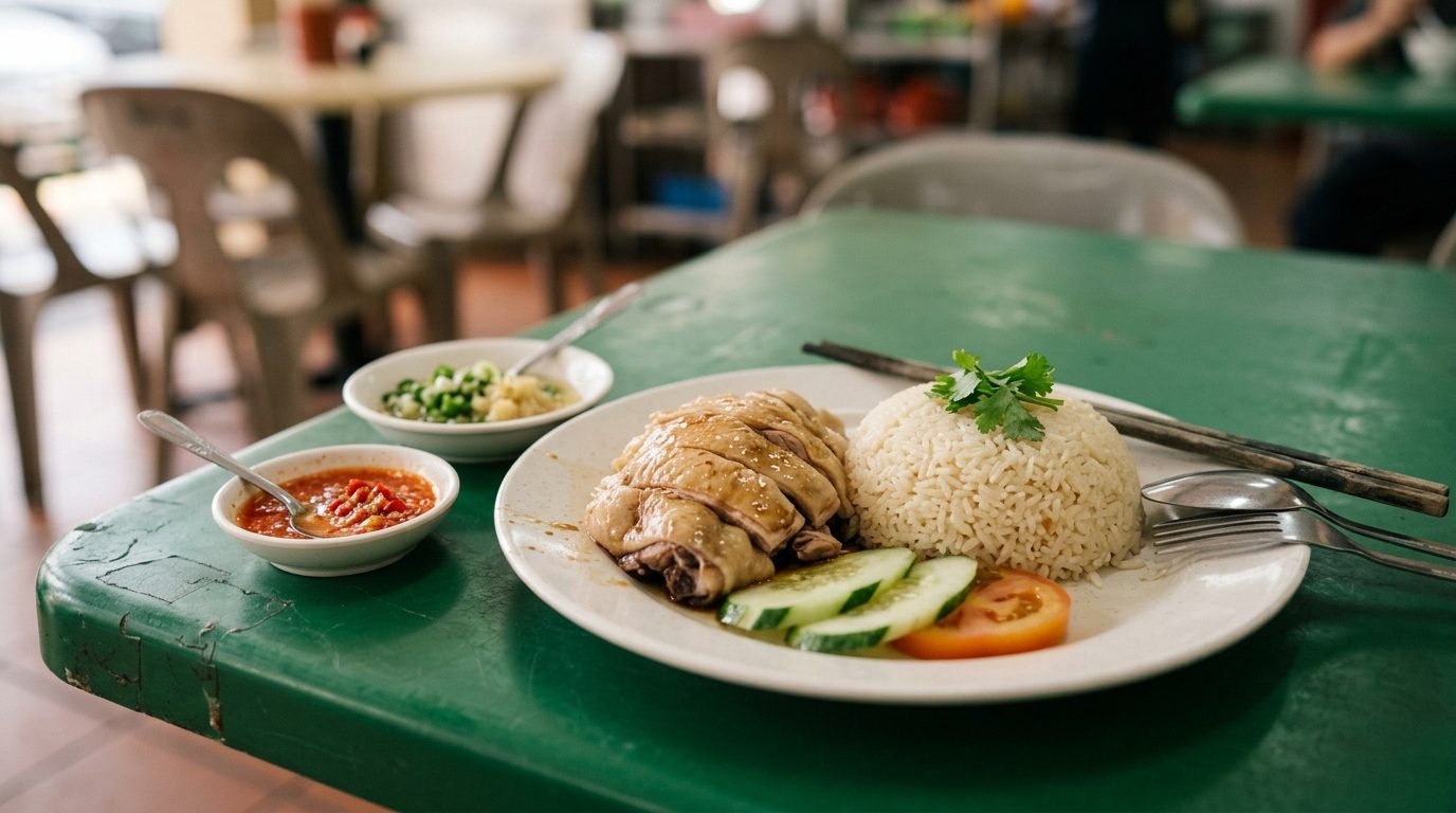 Close-up of Hainanese chicken rice on a plastic table