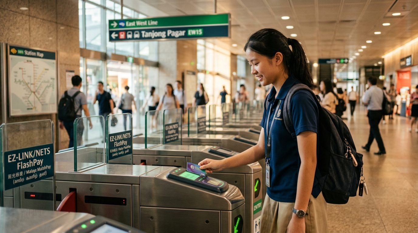 Student tapping an EZ-Link card at an MRT turnstile.