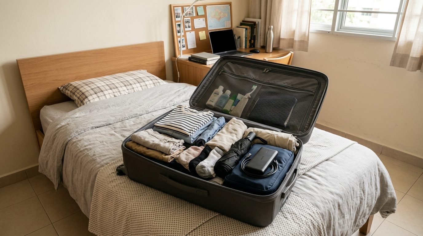 Open suitcase with tropical packing essentials on bed