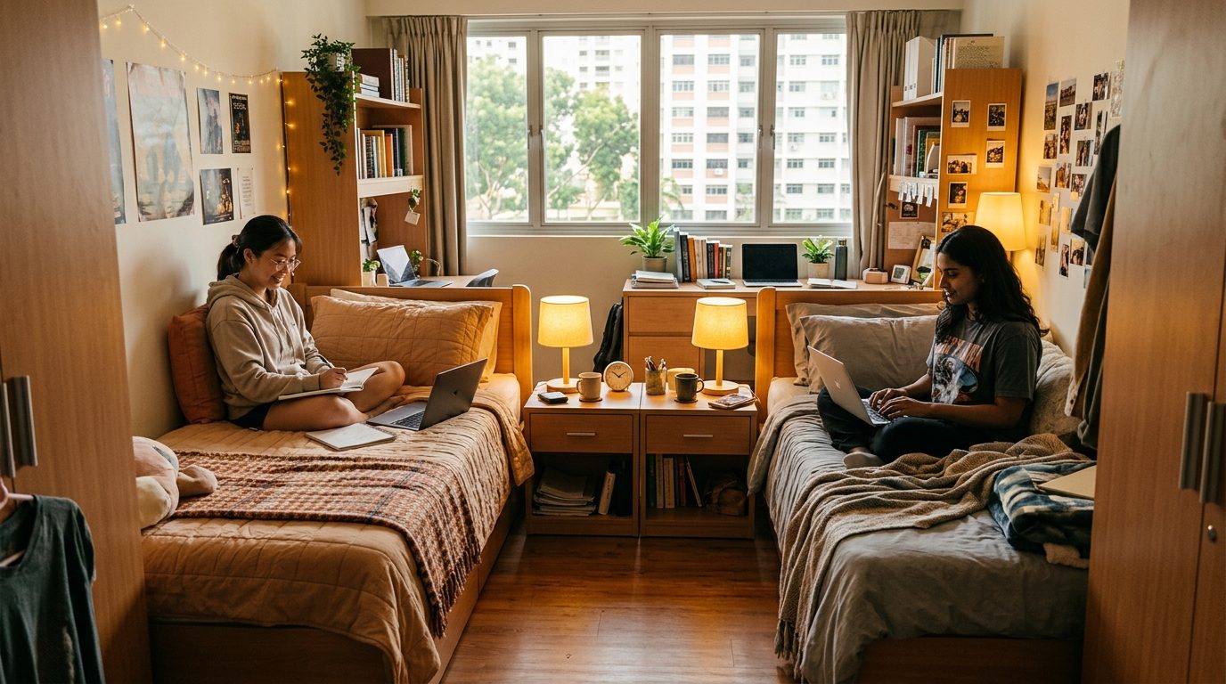 A cozy twin-sharing student room with two beds and warm lighting