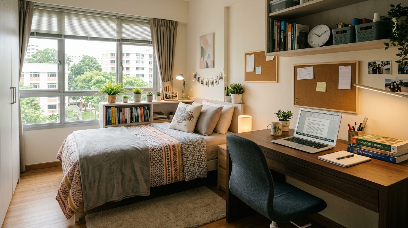 Interior of a fully furnished student room with natural light