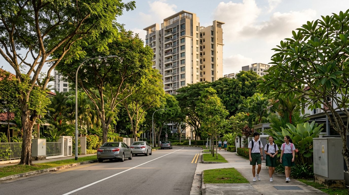 Quiet residential street in Clementi with modern housing and students