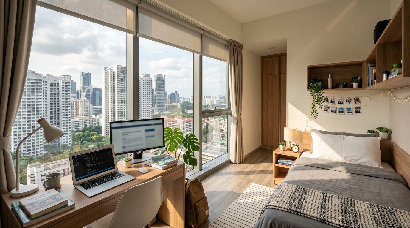 Bright fully furnished student room with city view