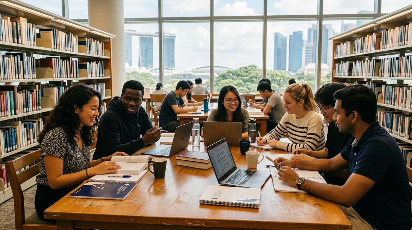International students studying together in a Singapore library